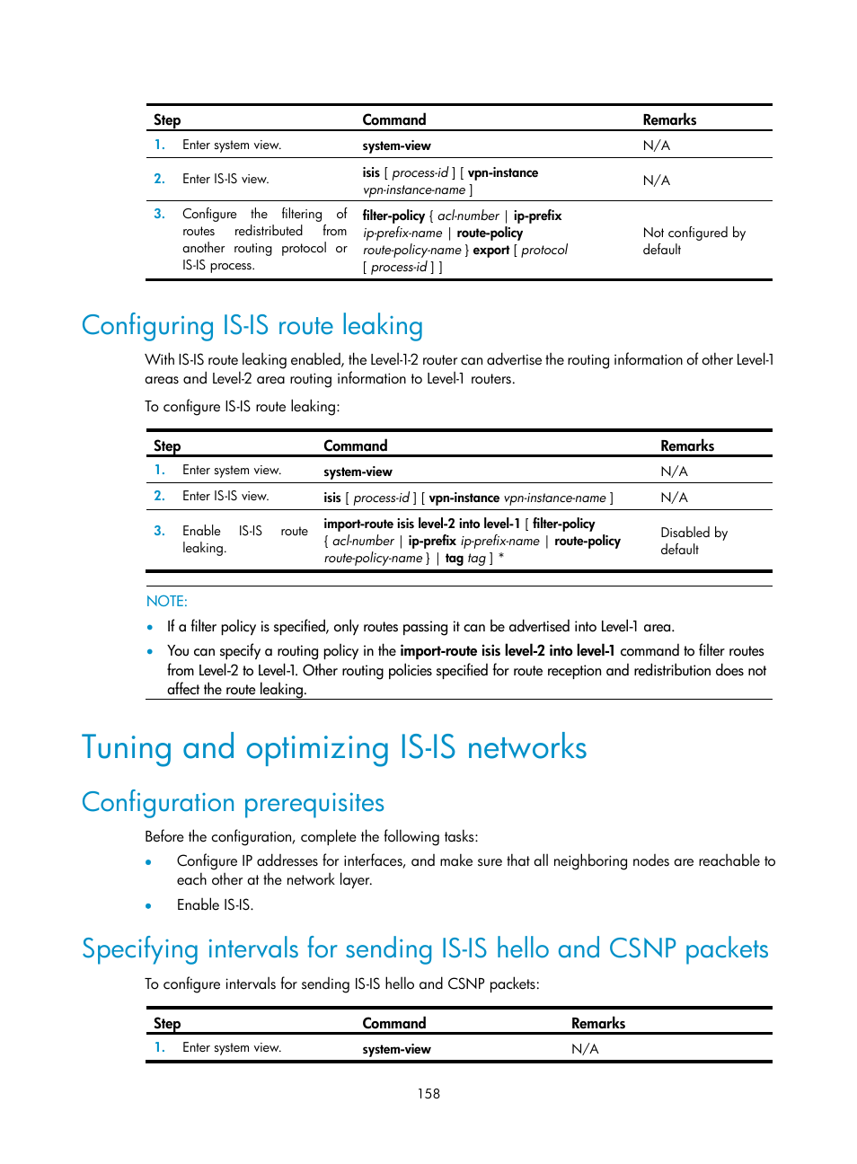 Configuring is-is route leaking, Tuning and optimizing is-is networks, Configuration prerequisites | Tuning and optimizing is-is, Networks | H3C Technologies H3C SR8800 User Manual | Page 174 / 431