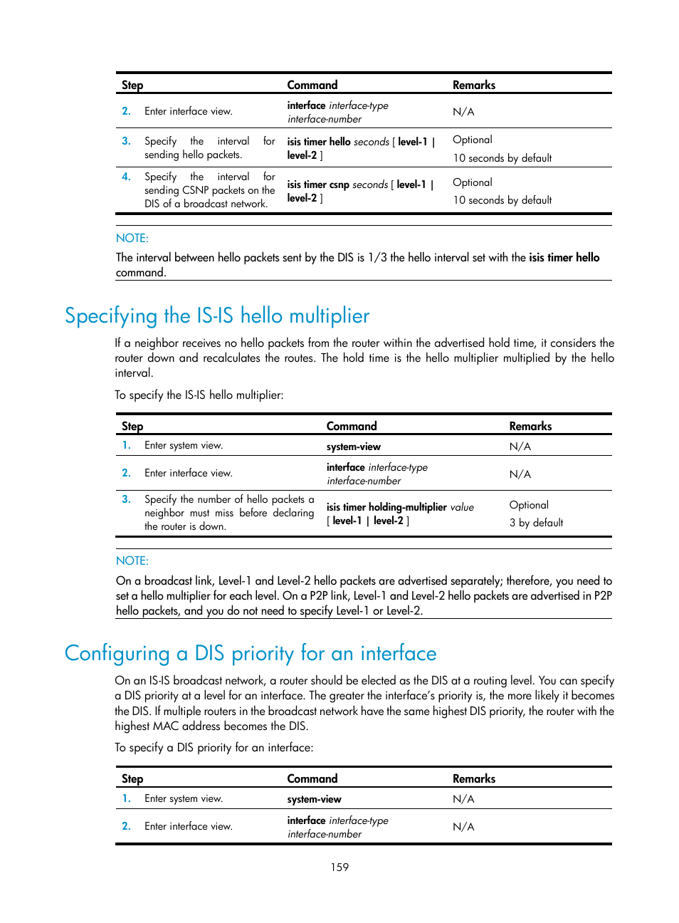 Specifying the is-is hello multiplier, Configuring a dis priority for an interface | H3C Technologies H3C SR8800 User Manual | Page 175 / 431