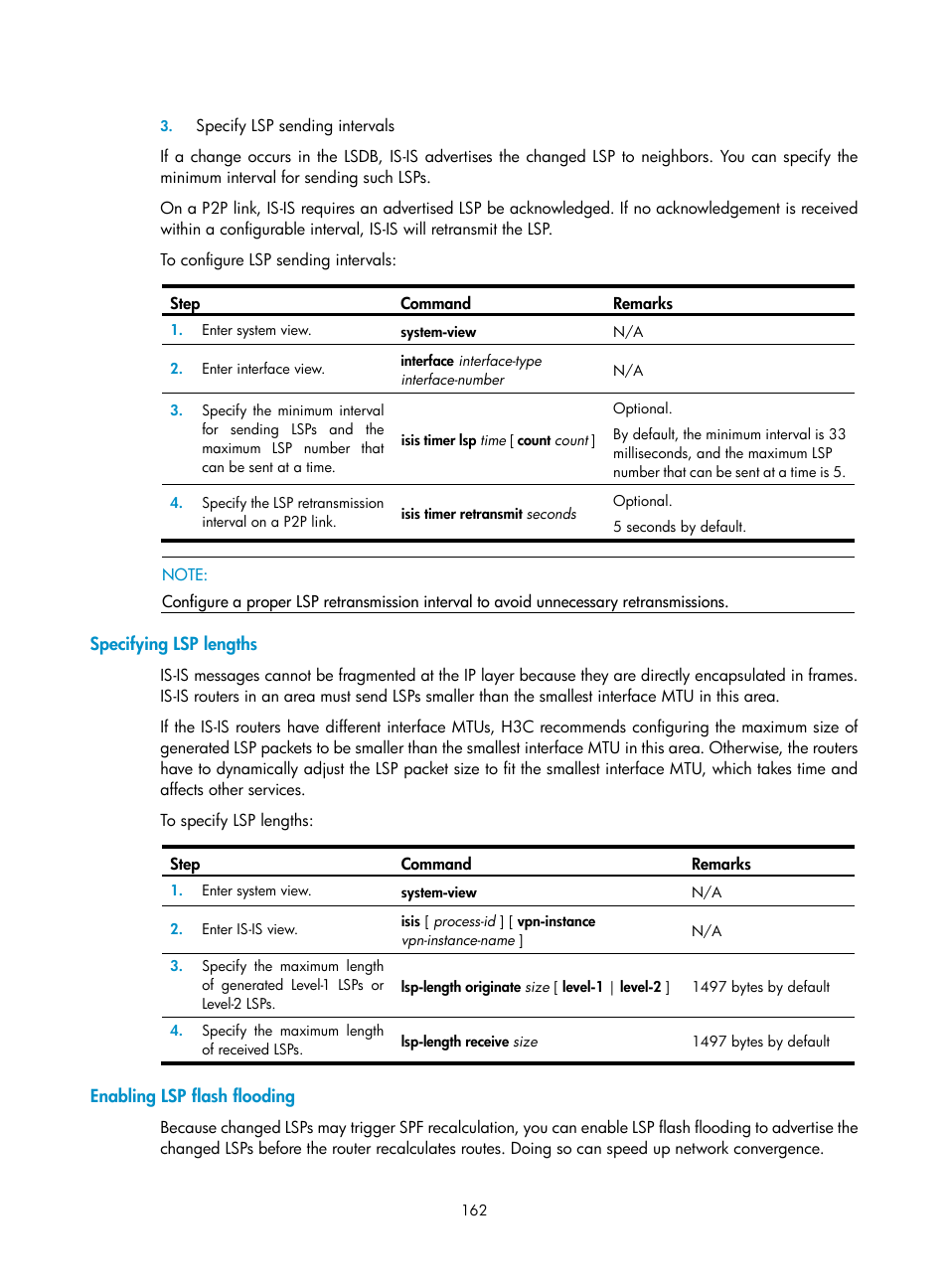 Specifying lsp lengths, Enabling lsp flash flooding | H3C Technologies H3C SR8800 User Manual | Page 178 / 431