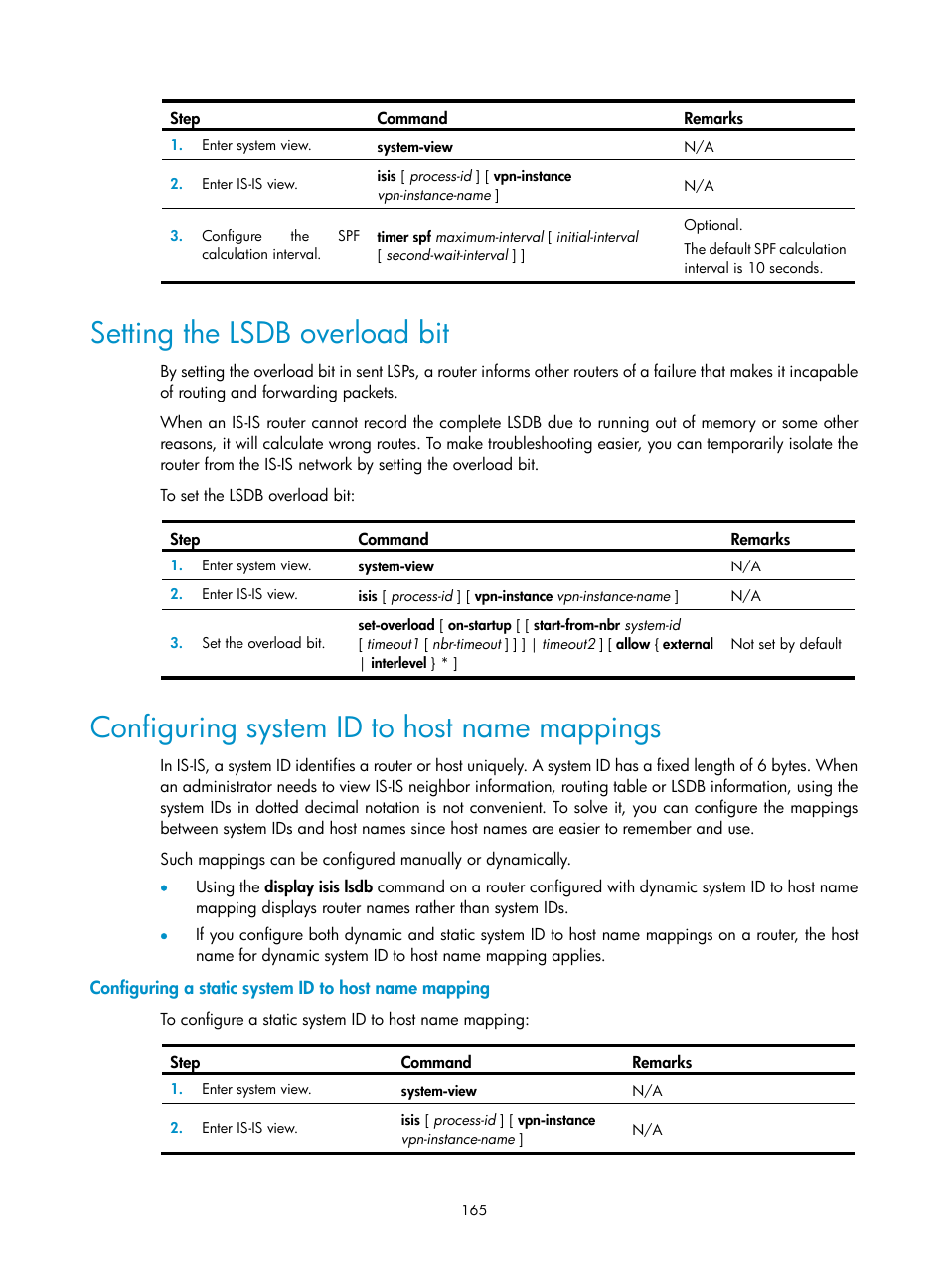 Setting the lsdb overload bit, Configuring system id to host name mappings | H3C Technologies H3C SR8800 User Manual | Page 181 / 431