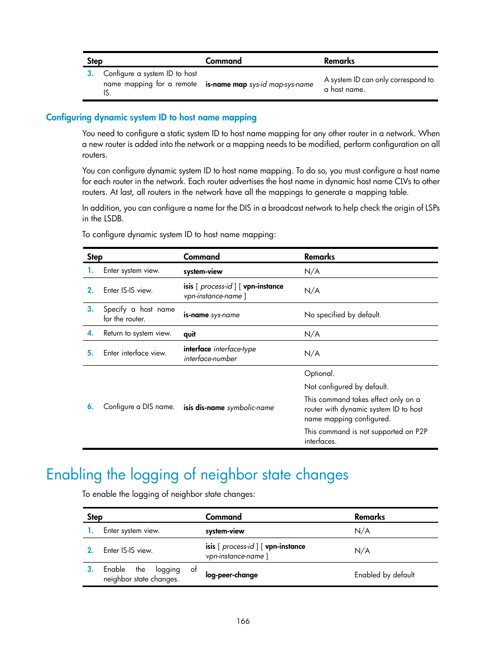 Configuring dynamic system id to host name mapping, Enabling the logging of neighbor state changes | H3C Technologies H3C SR8800 User Manual | Page 182 / 431