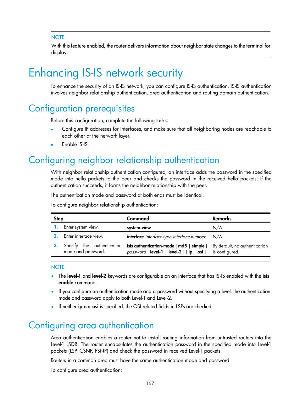 Enhancing is-is network security, Configuration prerequisites, Configuring neighbor relationship authentication | Configuring area authentication | H3C Technologies H3C SR8800 User Manual | Page 183 / 431