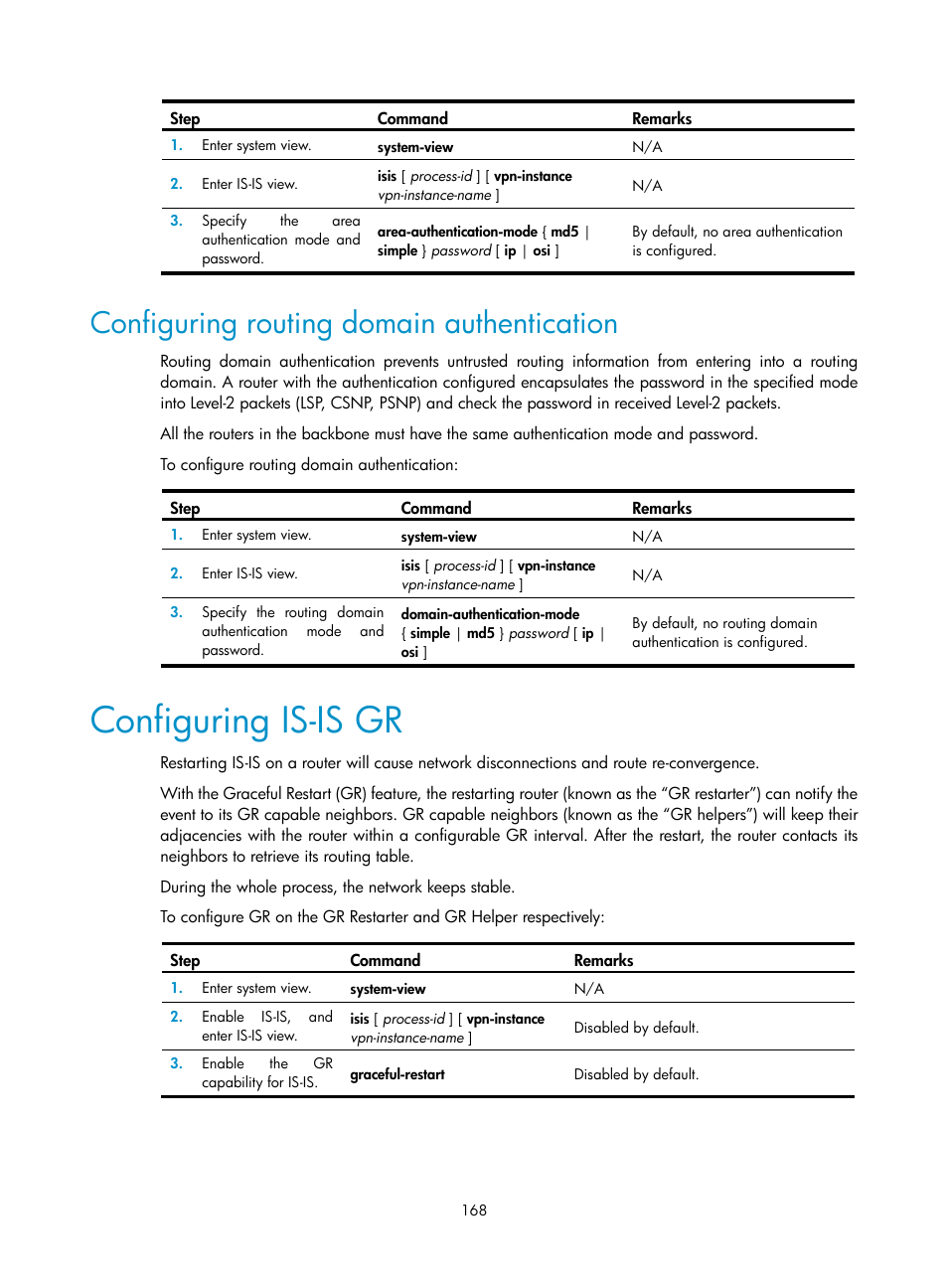 Configuring routing domain authentication, Configuring is-is gr | H3C Technologies H3C SR8800 User Manual | Page 184 / 431