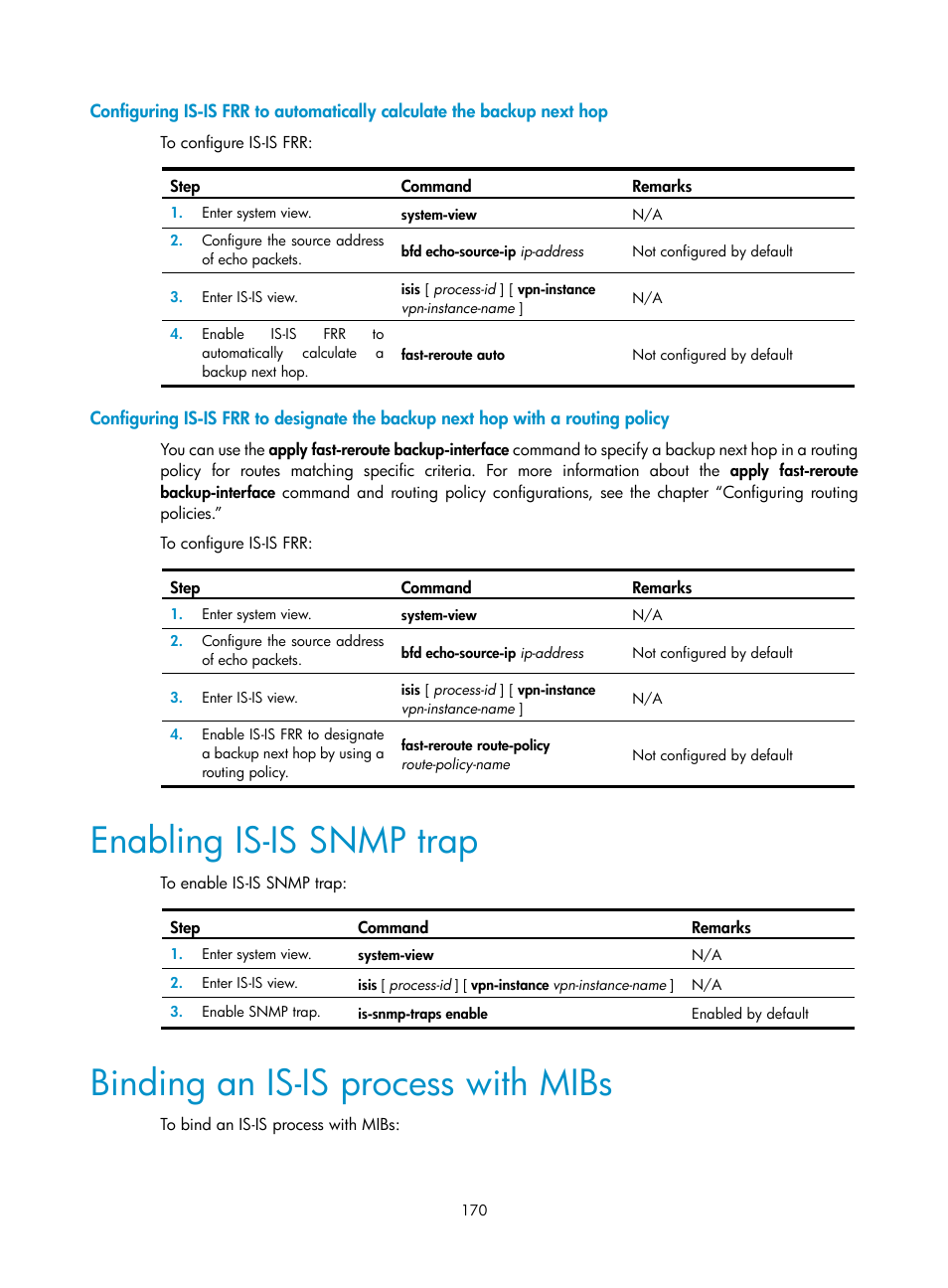 Enabling is-is snmp trap, Binding an is-is process with mibs | H3C Technologies H3C SR8800 User Manual | Page 186 / 431