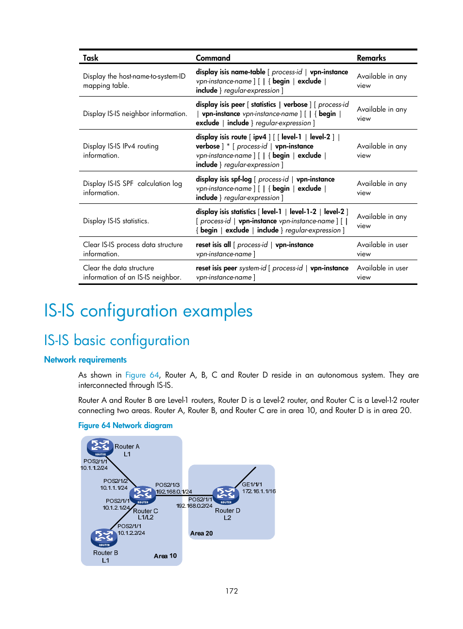 Is-is configuration examples, Is-is basic configuration, Network requirements | H3C Technologies H3C SR8800 User Manual | Page 188 / 431