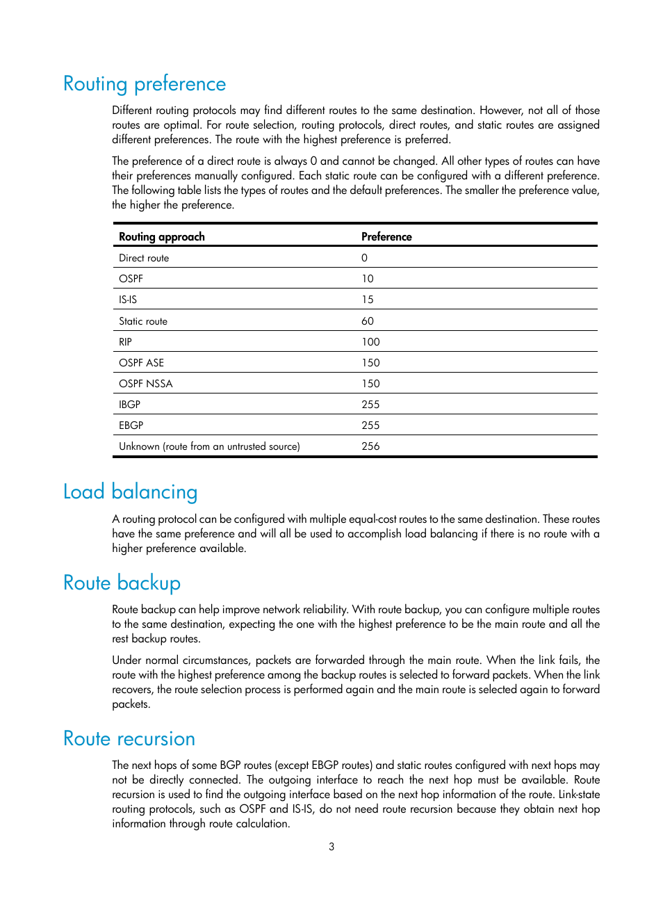 Routing preference, Load balancing, Route backup | Route recursion | H3C Technologies H3C SR8800 User Manual | Page 19 / 431