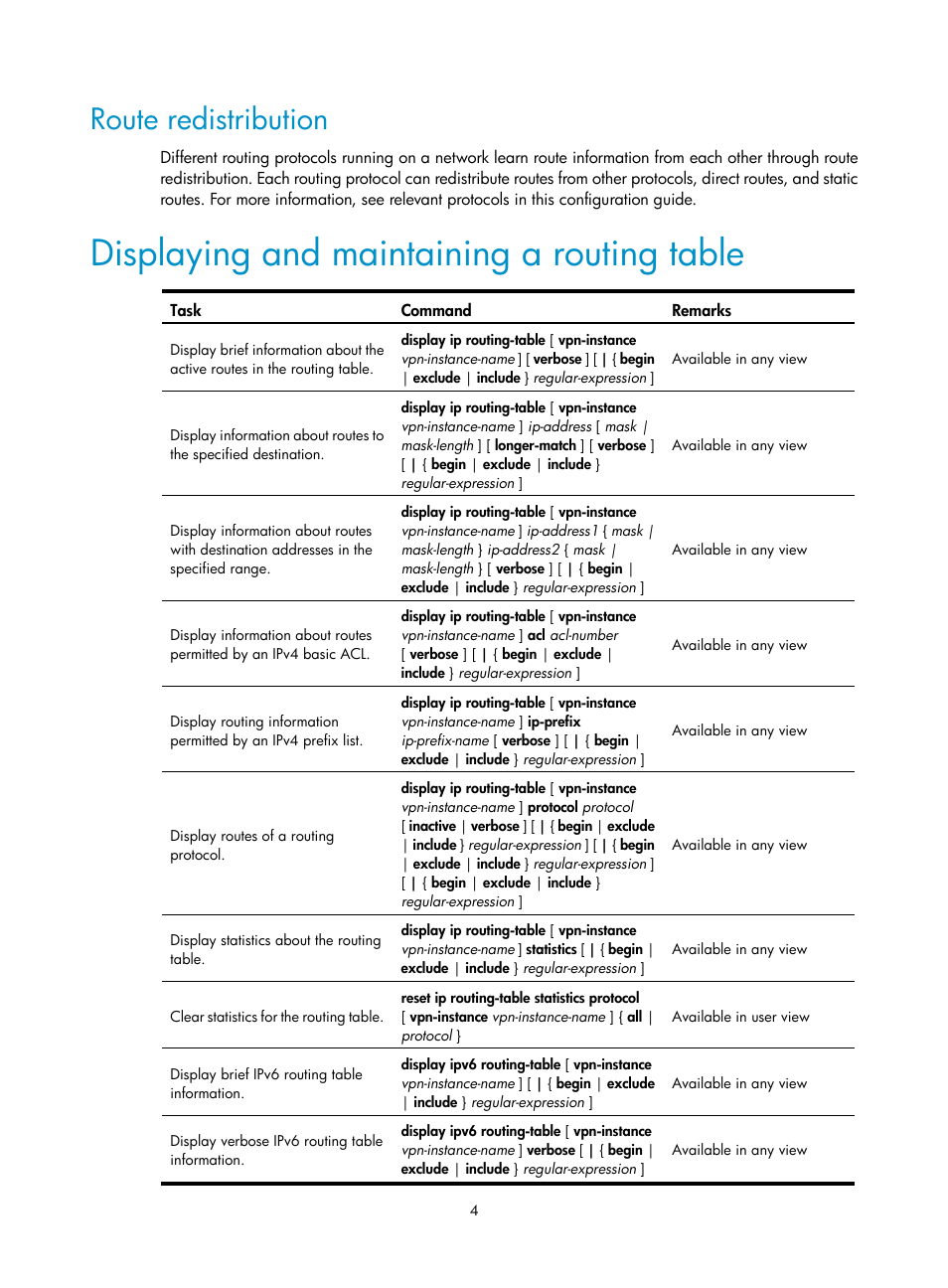 Route redistribution, Displaying and maintaining a routing table | H3C Technologies H3C SR8800 User Manual | Page 20 / 431