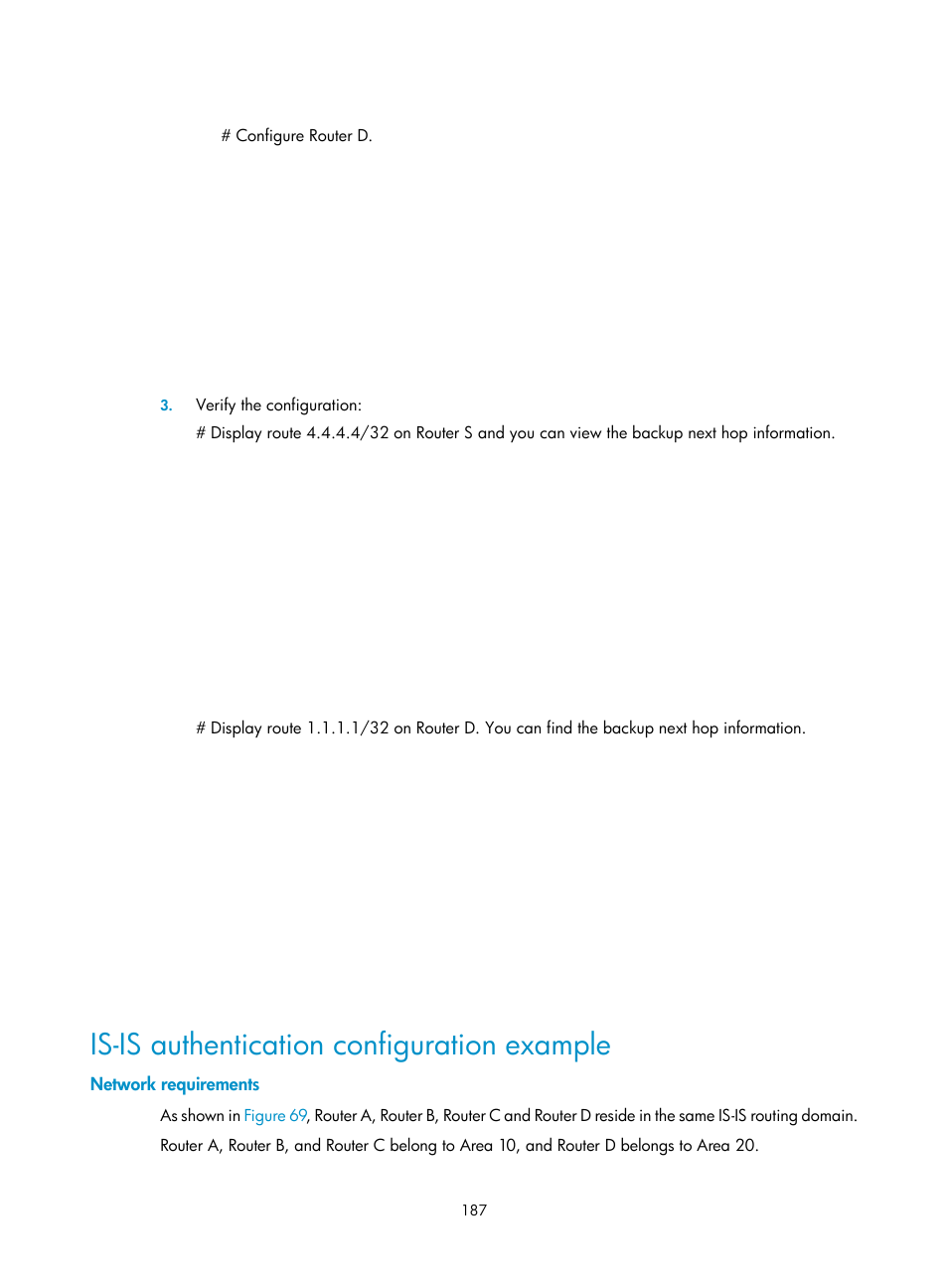 Is-is authentication configuration example, Network requirements | H3C Technologies H3C SR8800 User Manual | Page 203 / 431