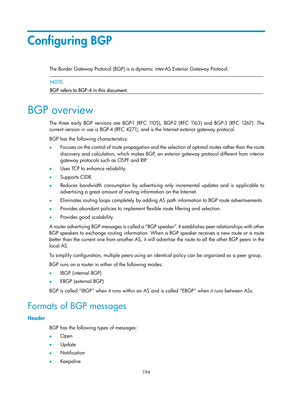 Configuring bgp, Bgp overview, Formats of bgp messages | Header | H3C Technologies H3C SR8800 User Manual | Page 210 / 431