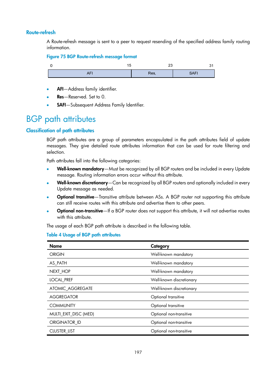 Route-refresh, Bgp path attributes, Classification of path attributes | H3C Technologies H3C SR8800 User Manual | Page 213 / 431