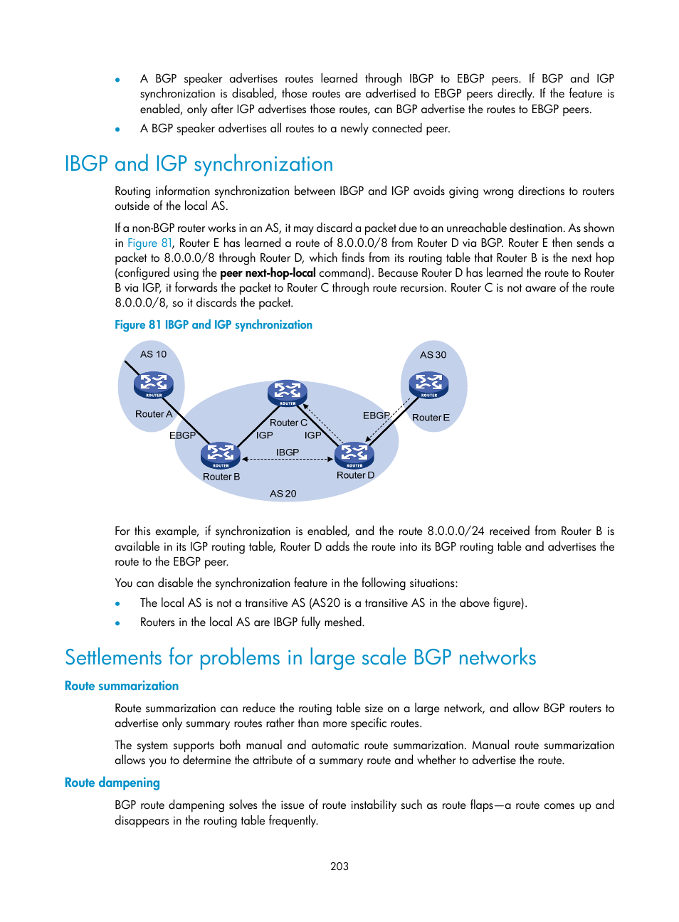 Ibgp and igp synchronization, Route summarization, Route dampening | H3C Technologies H3C SR8800 User Manual | Page 219 / 431