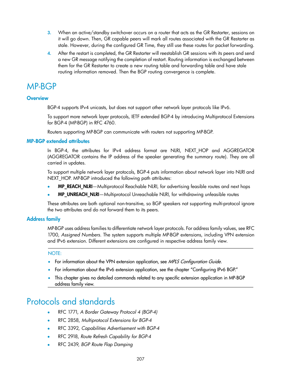 Mp-bgp, Overview, Mp-bgp extended attributes | Address family, Protocols and standards | H3C Technologies H3C SR8800 User Manual | Page 223 / 431