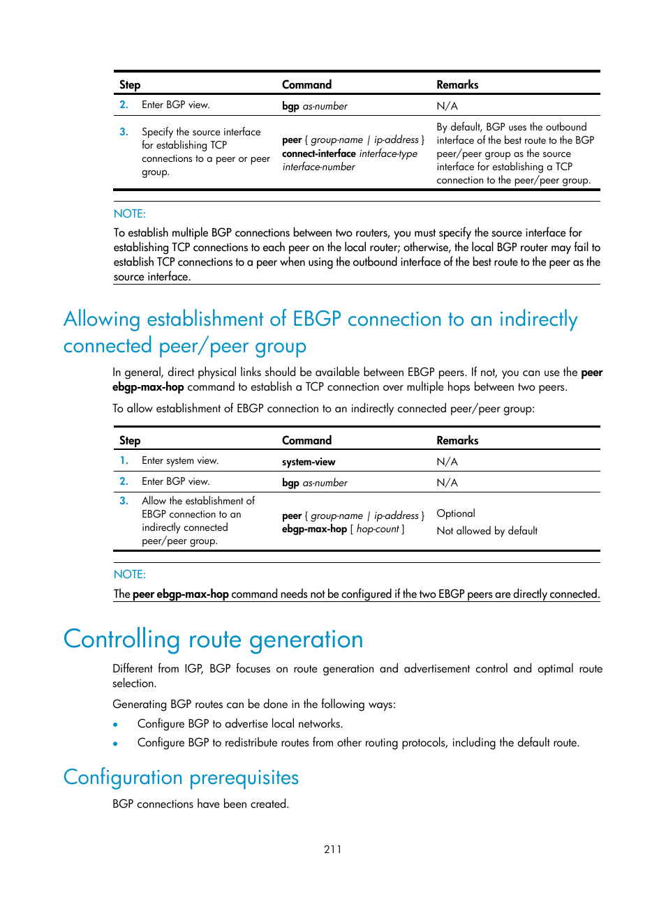 Controlling route generation, Configuration prerequisites, Allowing establishment of ebgp connection to an | Indirectly connected peer/peer group | H3C Technologies H3C SR8800 User Manual | Page 227 / 431