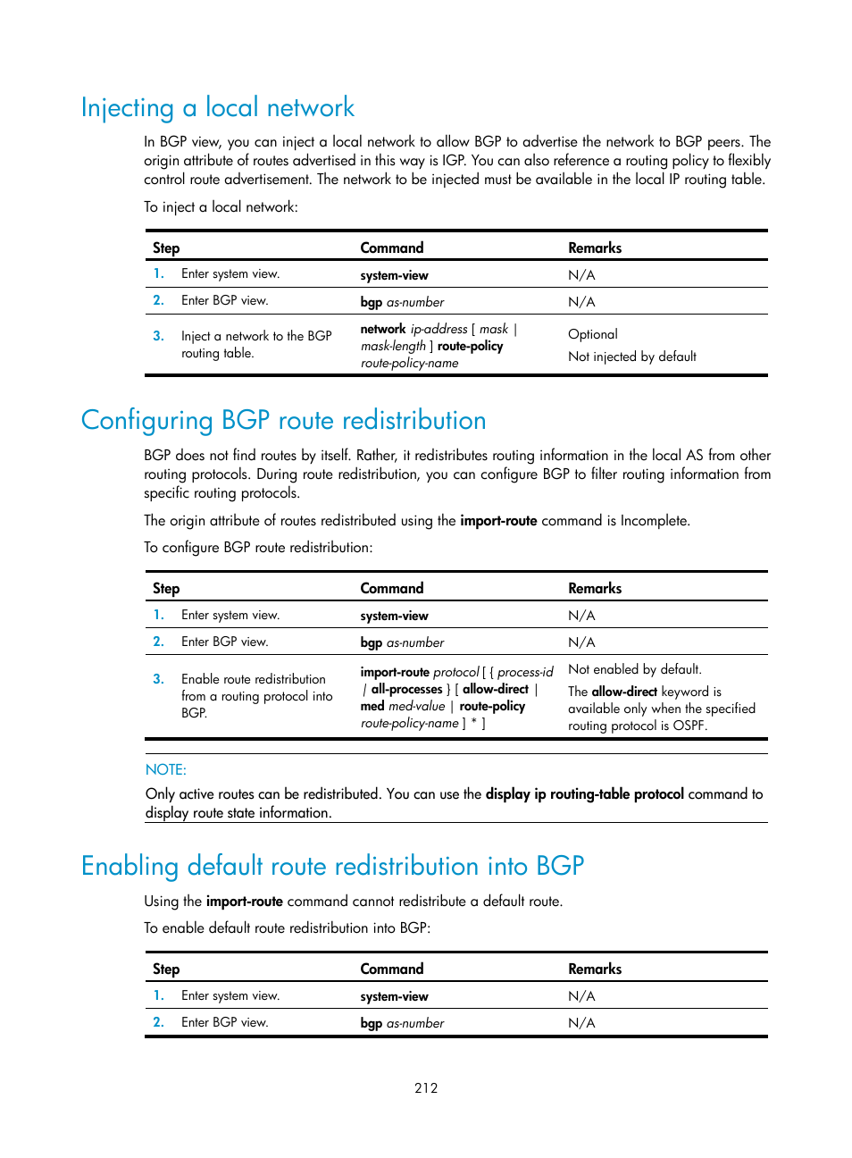 Injecting a local network, Configuring bgp route redistribution, Enabling default route redistribution into bgp | H3C Technologies H3C SR8800 User Manual | Page 228 / 431