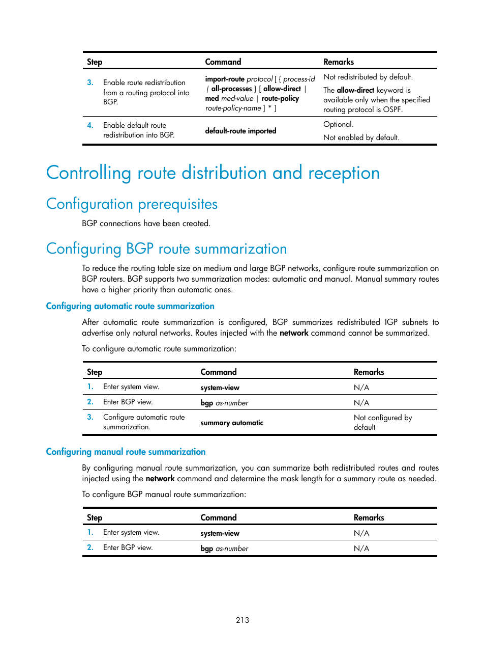 Controlling route distribution and reception, Configuration prerequisites, Configuring bgp route summarization | Configuring automatic route summarization, Configuring manual route summarization | H3C Technologies H3C SR8800 User Manual | Page 229 / 431