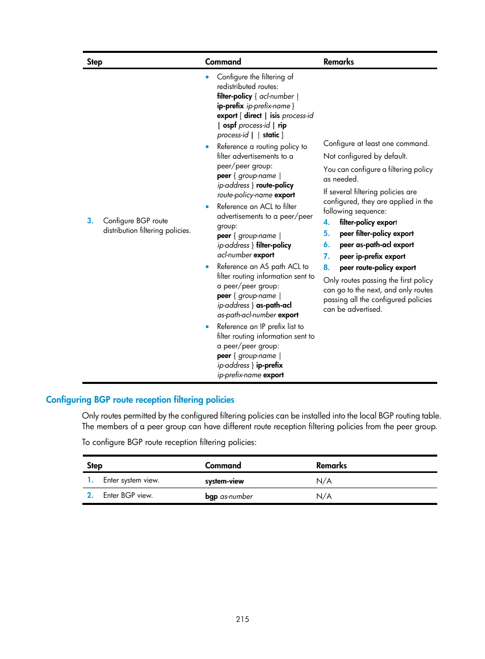 Configuring bgp route reception filtering policies | H3C Technologies H3C SR8800 User Manual | Page 231 / 431