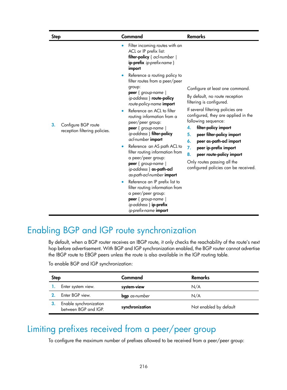 Enabling bgp and igp route synchronization, Limiting prefixes received from a peer/peer group | H3C Technologies H3C SR8800 User Manual | Page 232 / 431