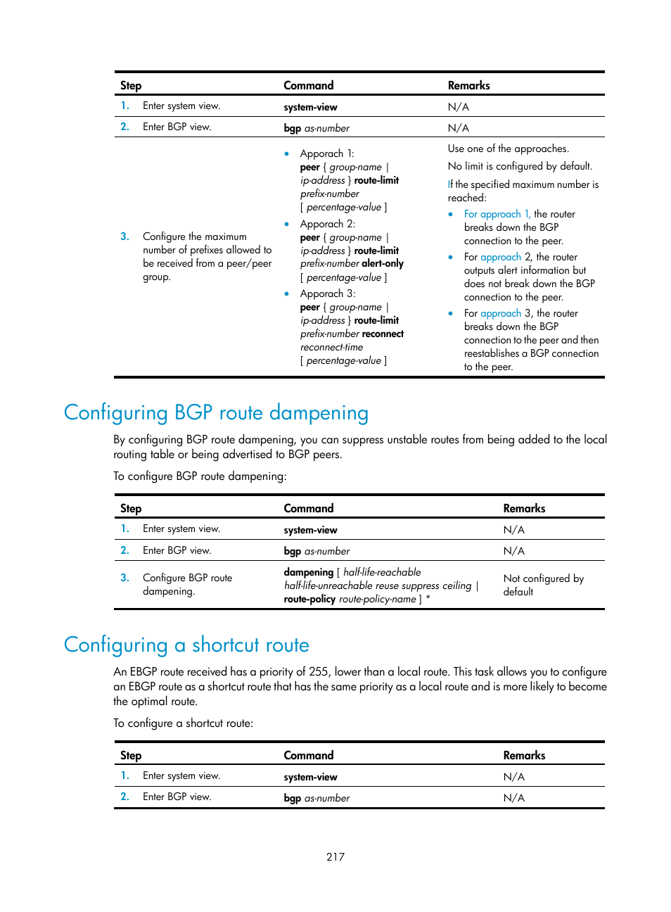 Configuring bgp route dampening, Configuring a shortcut route | H3C Technologies H3C SR8800 User Manual | Page 233 / 431