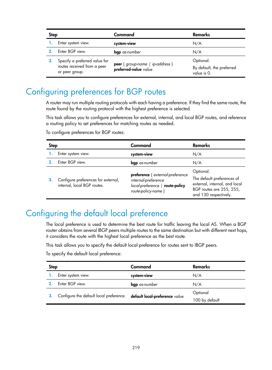 Configuring preferences for bgp routes, Configuring the default local preference | H3C Technologies H3C SR8800 User Manual | Page 235 / 431