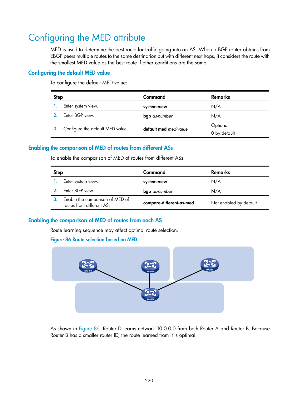 Configuring the med attribute, Configuring the default med value | H3C Technologies H3C SR8800 User Manual | Page 236 / 431