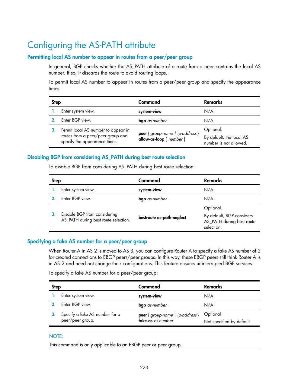 Configuring the as-path attribute, Specifying a fake as number for a peer/peer group | H3C Technologies H3C SR8800 User Manual | Page 239 / 431