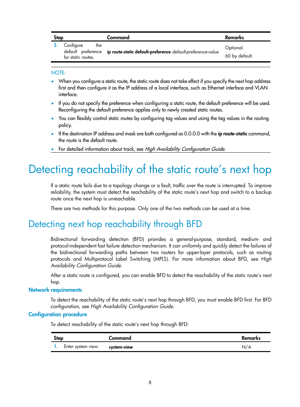 Detecting next hop reachability through bfd, Network requirements, Configuration procedure | H3C Technologies H3C SR8800 User Manual | Page 24 / 431