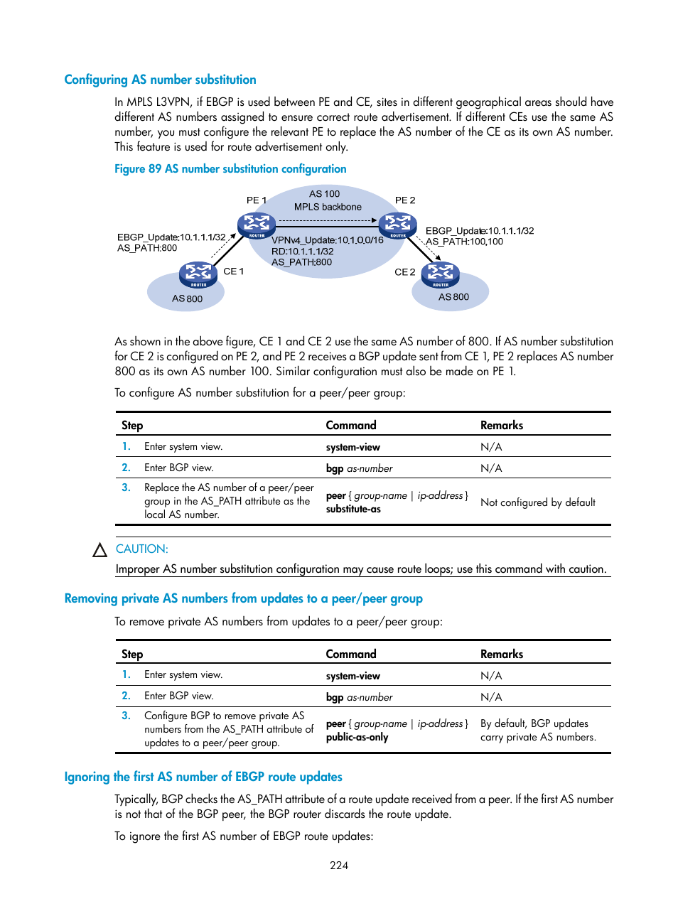 Configuring as number substitution, Ignoring the first as number of ebgp route updates | H3C Technologies H3C SR8800 User Manual | Page 240 / 431