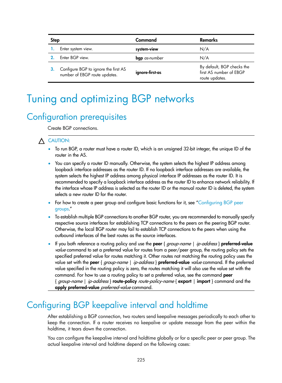 Tuning and optimizing bgp networks, Configuration prerequisites, Configuring bgp keepalive interval and holdtime | H3C Technologies H3C SR8800 User Manual | Page 241 / 431