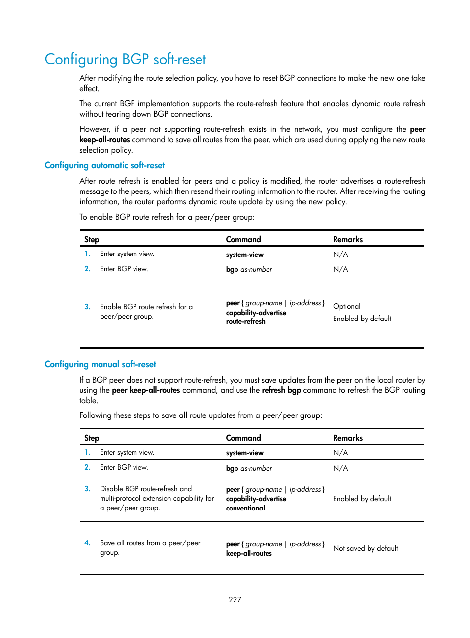 Configuring bgp soft-reset, Configuring automatic soft-reset, Configuring manual soft-reset | H3C Technologies H3C SR8800 User Manual | Page 243 / 431