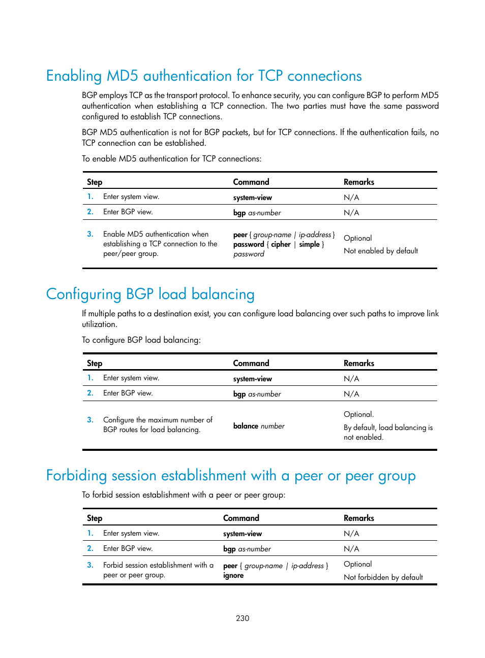 Enabling md5 authentication for tcp connections, Configuring bgp load balancing | H3C Technologies H3C SR8800 User Manual | Page 246 / 431