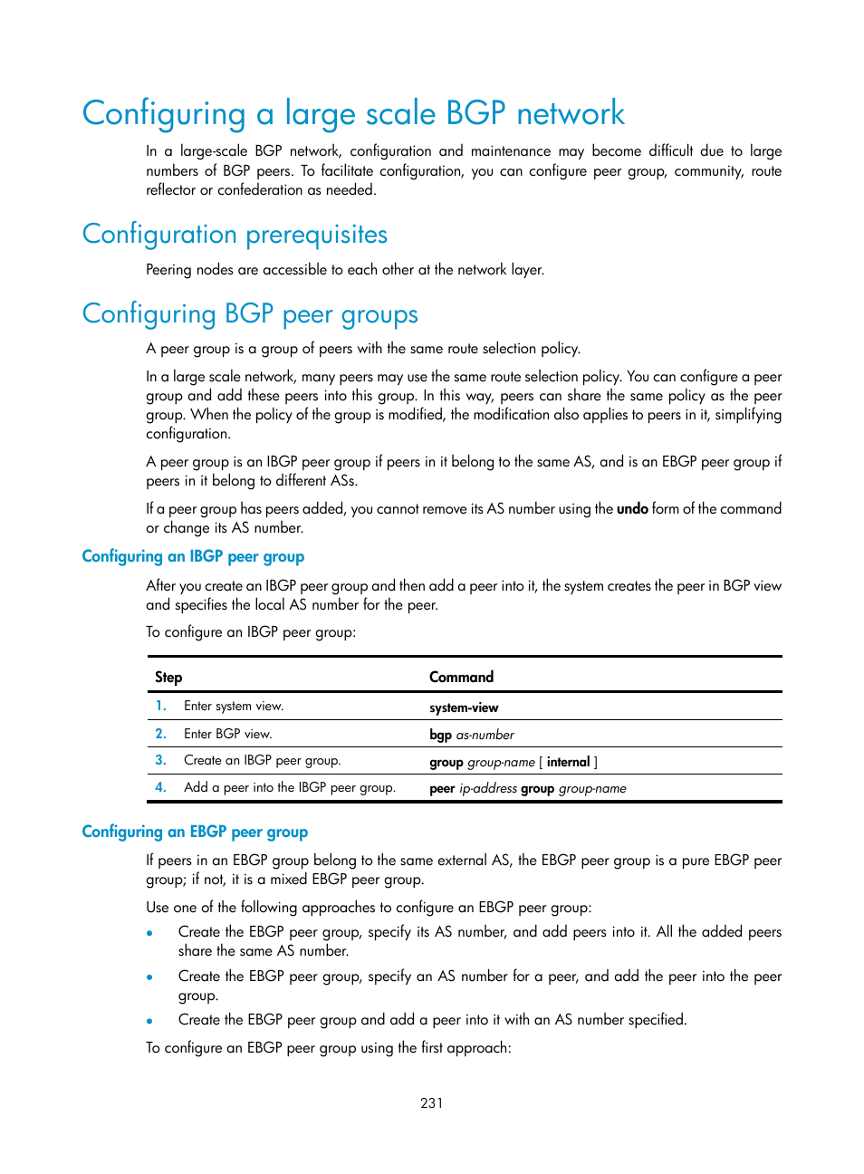 Configuring a large scale bgp network, Configuration prerequisites, Configuring bgp peer groups | Configuring an ibgp peer group, Configuring an ebgp peer group | H3C Technologies H3C SR8800 User Manual | Page 247 / 431