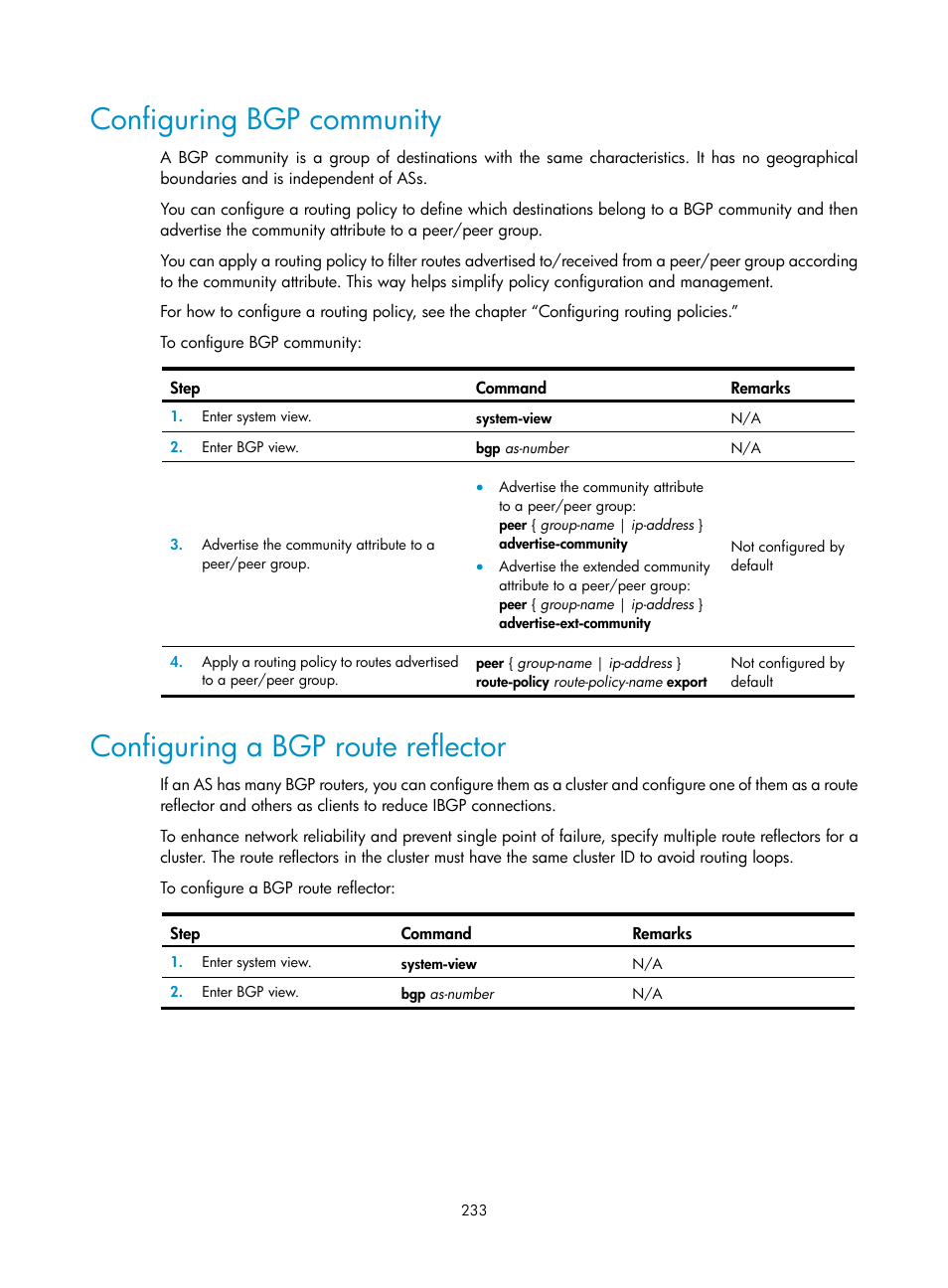 Configuring bgp community, Configuring a bgp route reflector | H3C Technologies H3C SR8800 User Manual | Page 249 / 431