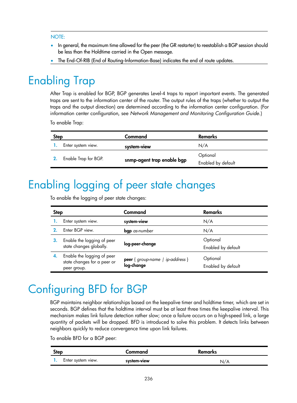 Enabling trap, Enabling logging of peer state changes, Configuring bfd for bgp | H3C Technologies H3C SR8800 User Manual | Page 252 / 431