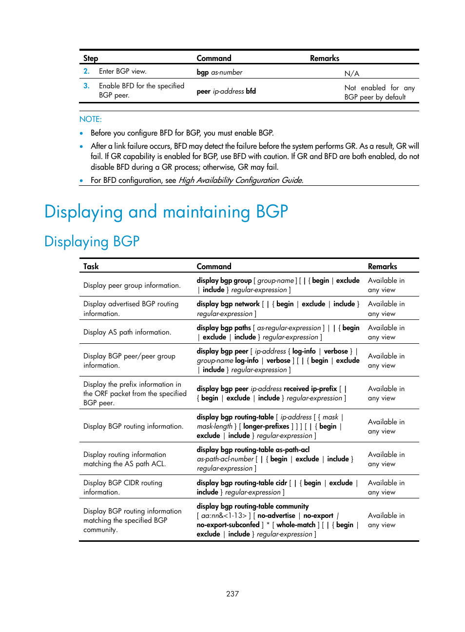 Displaying and maintaining bgp, Displaying bgp | H3C Technologies H3C SR8800 User Manual | Page 253 / 431