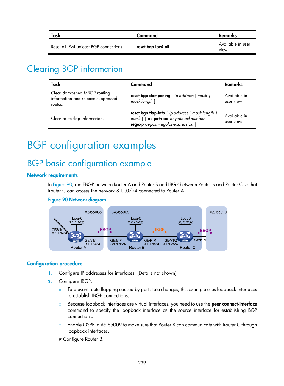 Clearing bgp information, Bgp configuration examples, Bgp basic configuration example | Network requirements, Configuration procedure | H3C Technologies H3C SR8800 User Manual | Page 255 / 431