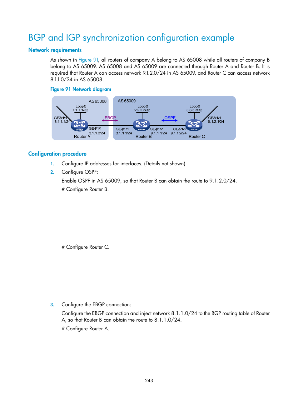 Bgp and igp synchronization configuration example, Network requirements, Configuration procedure | H3C Technologies H3C SR8800 User Manual | Page 259 / 431