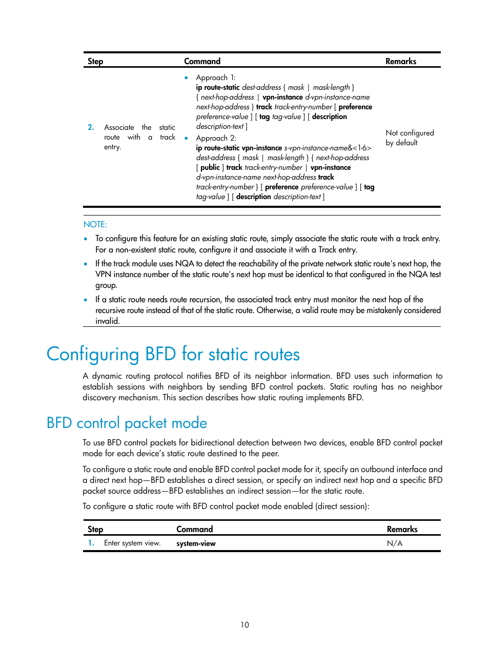 Configuring bfd for static routes, Bfd control packet mode | H3C Technologies H3C SR8800 User Manual | Page 26 / 431