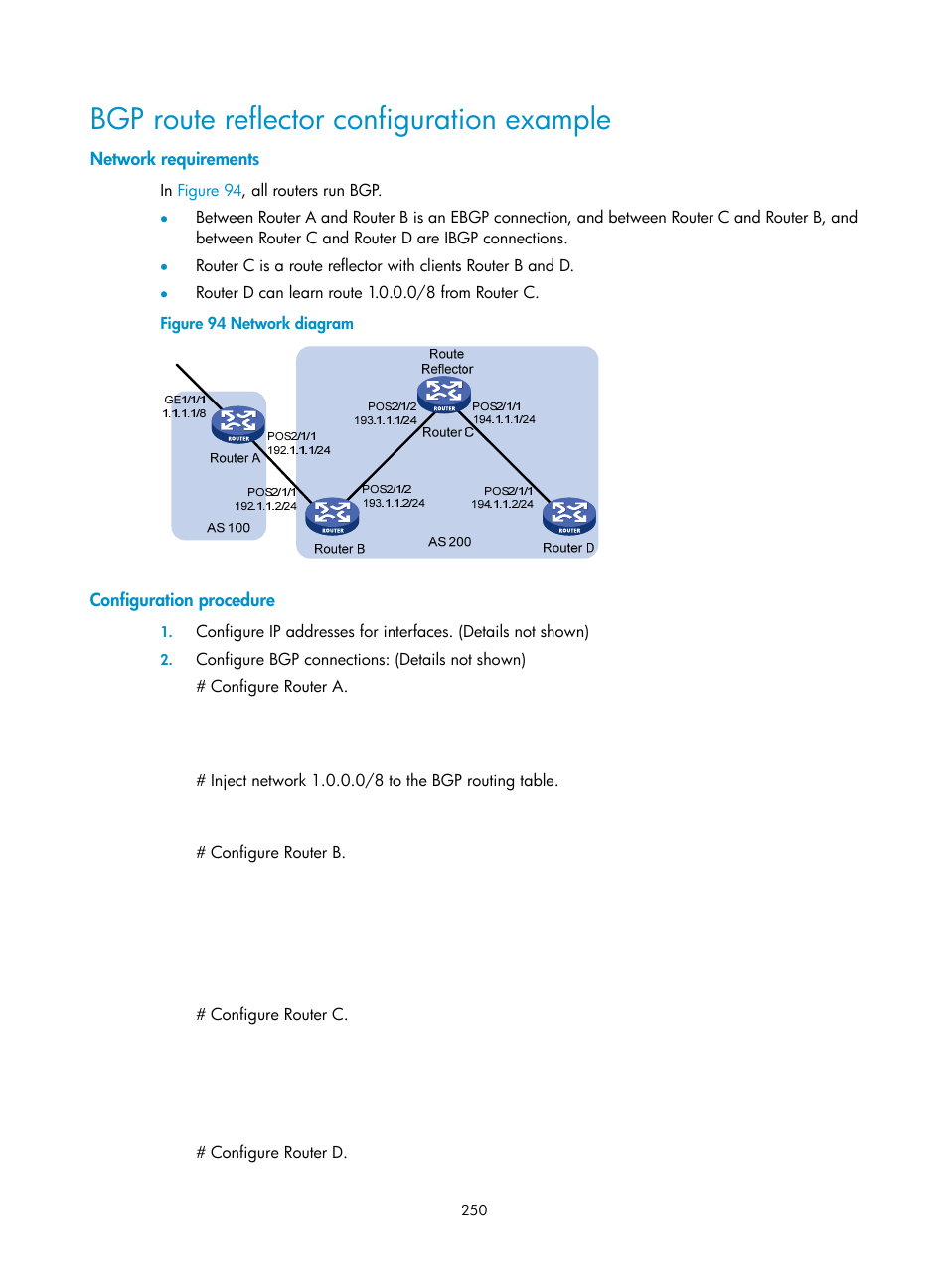 Bgp route reflector configuration example, Network requirements, Configuration procedure | H3C Technologies H3C SR8800 User Manual | Page 266 / 431