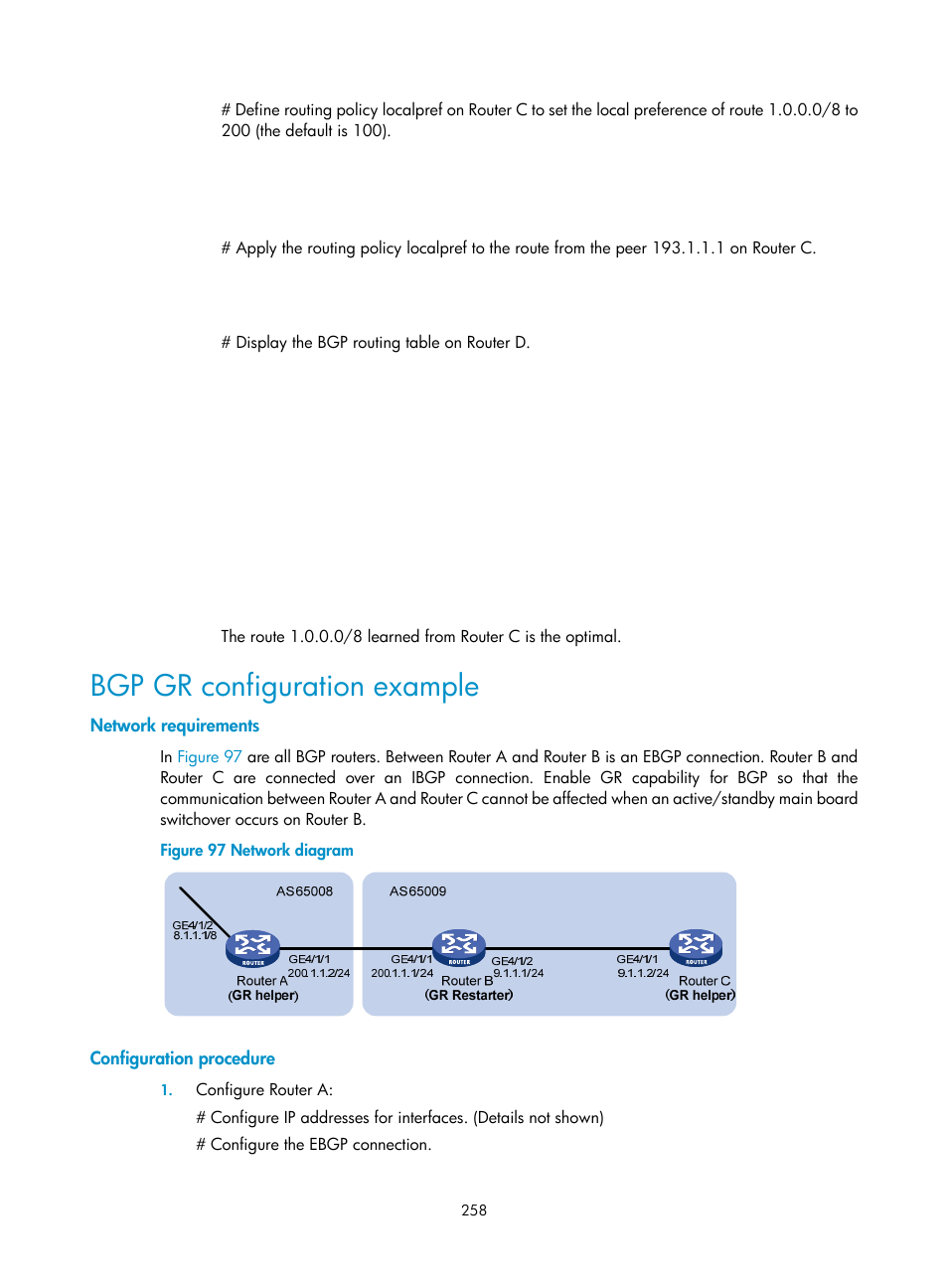 Bgp gr configuration example, Network requirements, Configuration procedure | H3C Technologies H3C SR8800 User Manual | Page 274 / 431