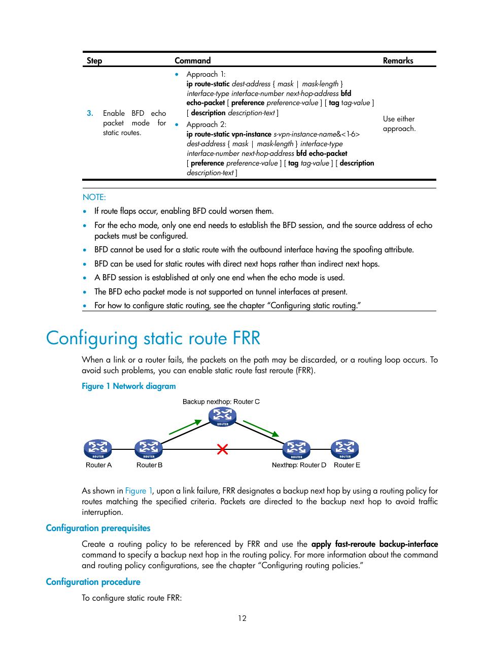 Configuring static route frr, Configuration prerequisites, Configuration procedure | H3C Technologies H3C SR8800 User Manual | Page 28 / 431