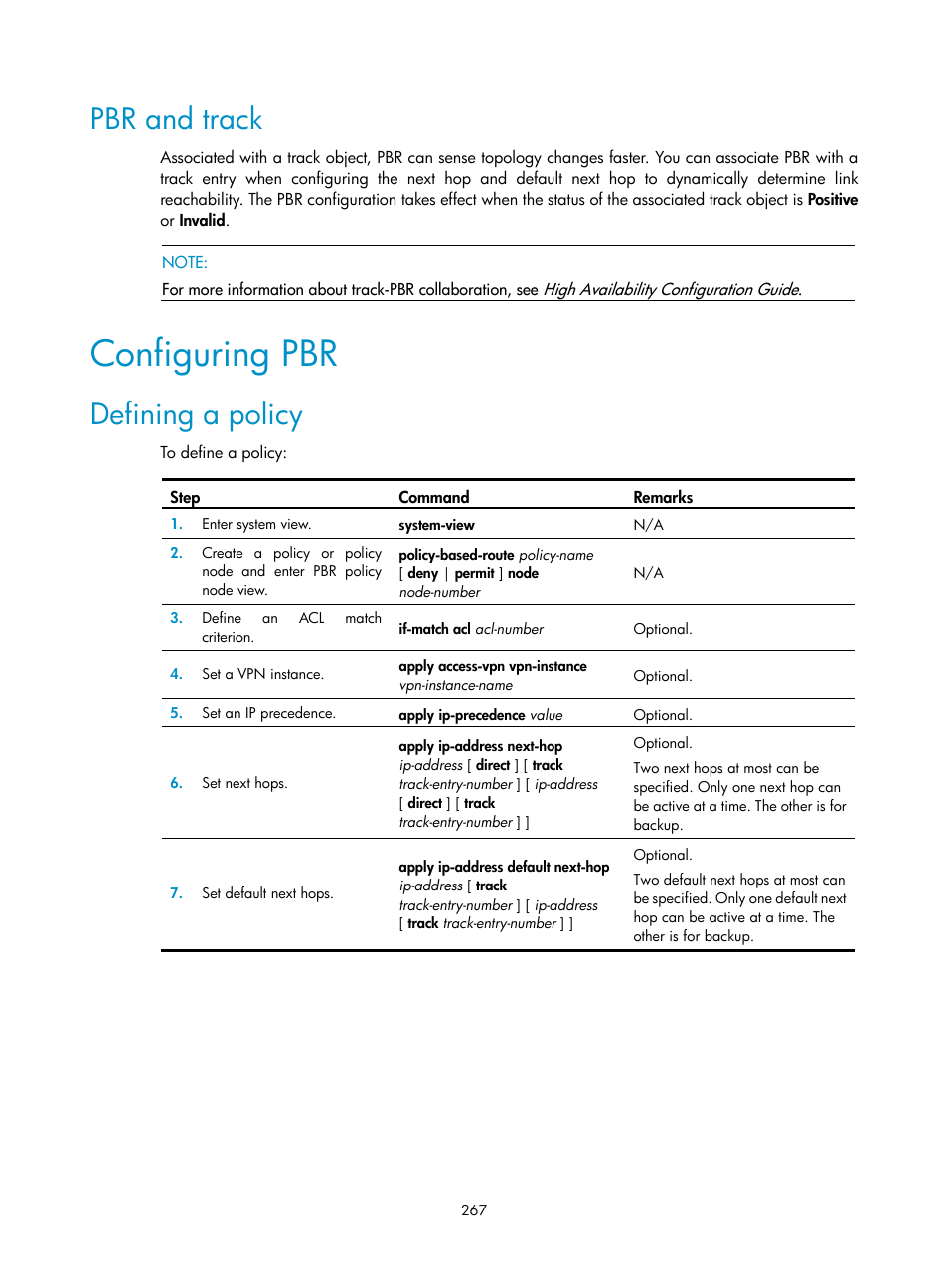 Pbr and track, Configuring pbr, Defining a policy | H3C Technologies H3C SR8800 User Manual | Page 283 / 431