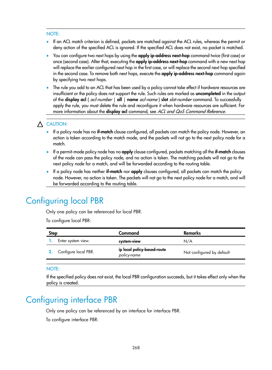 Configuring local pbr, Configuring interface pbr | H3C Technologies H3C SR8800 User Manual | Page 284 / 431