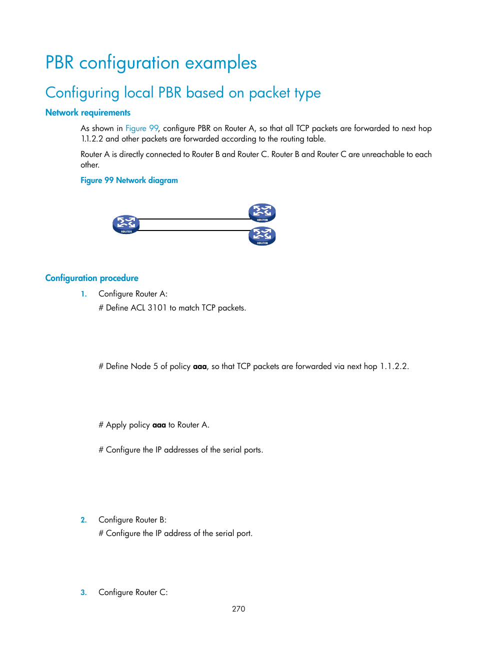 Pbr configuration examples, Configuring local pbr based on packet type, Network requirements | Configuration procedure | H3C Technologies H3C SR8800 User Manual | Page 286 / 431