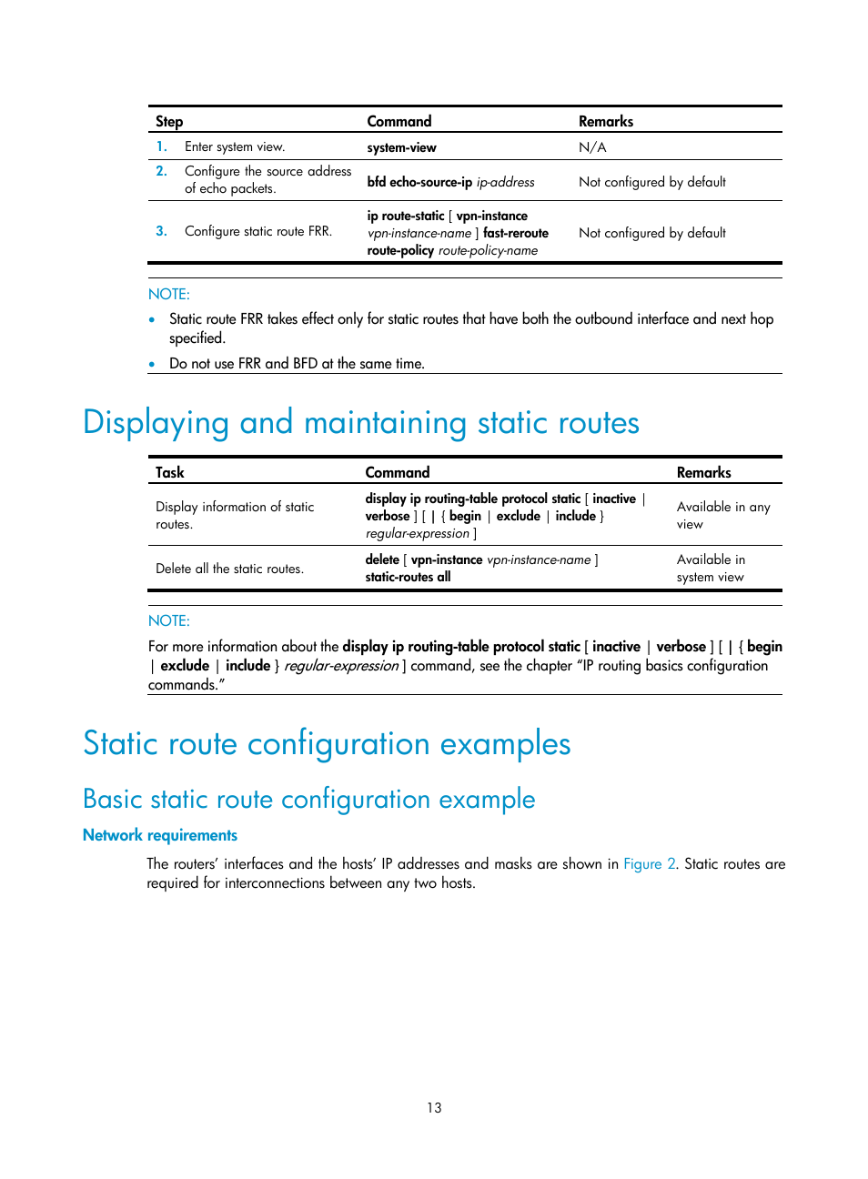 Displaying and maintaining static routes, Static route configuration examples, Basic static route configuration example | Network requirements | H3C Technologies H3C SR8800 User Manual | Page 29 / 431