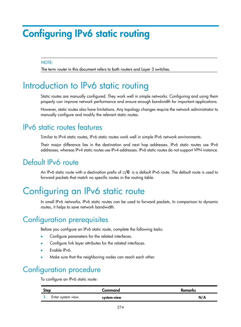 Configuring ipv6 static routing, Introduction to ipv6 static routing, Ipv6 static routes features | Default ipv6 route, Configuring an ipv6 static route, Configuration prerequisites, Configuration procedure | H3C Technologies H3C SR8800 User Manual | Page 290 / 431