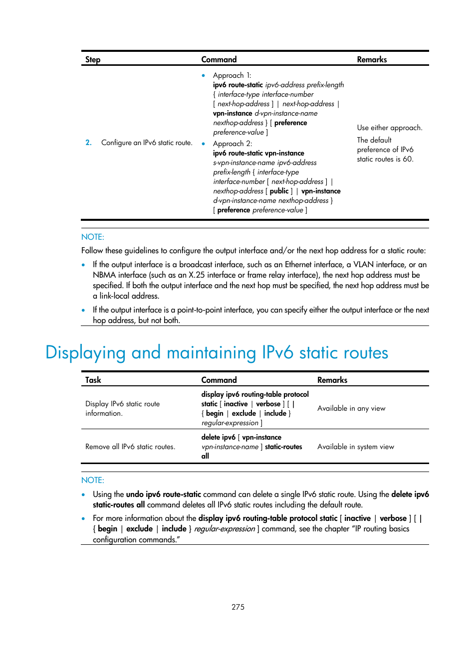 Displaying and maintaining ipv6 static routes | H3C Technologies H3C SR8800 User Manual | Page 291 / 431