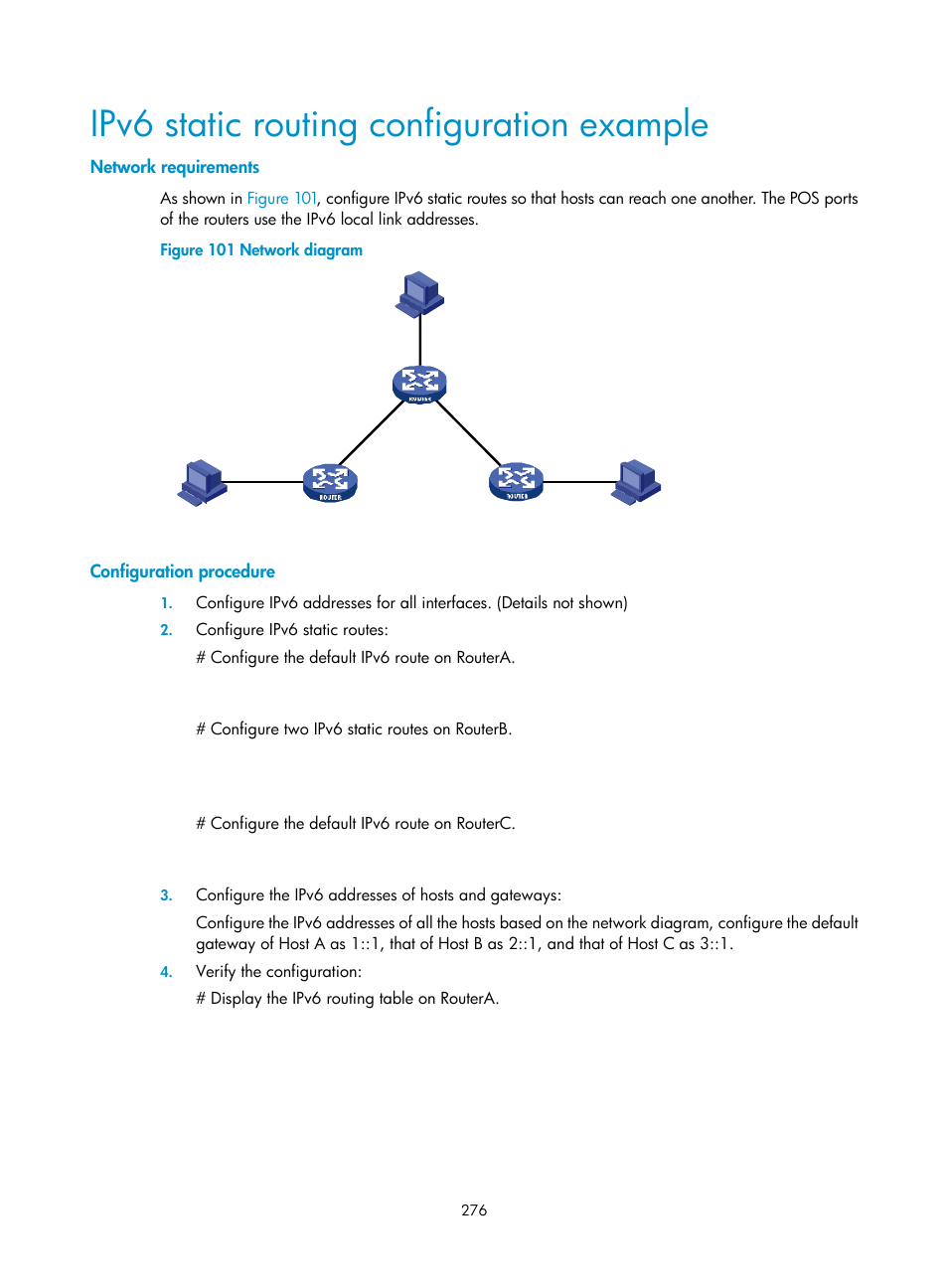 Ipv6 static routing configuration example, Network requirements, Configuration procedure | H3C Technologies H3C SR8800 User Manual | Page 292 / 431