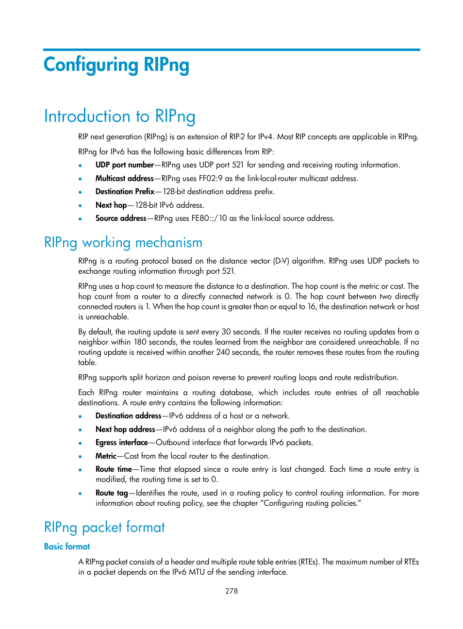 Configuring ripng, Introduction to ripng, Ripng working mechanism | Ripng packet format, Basic format | H3C Technologies H3C SR8800 User Manual | Page 294 / 431