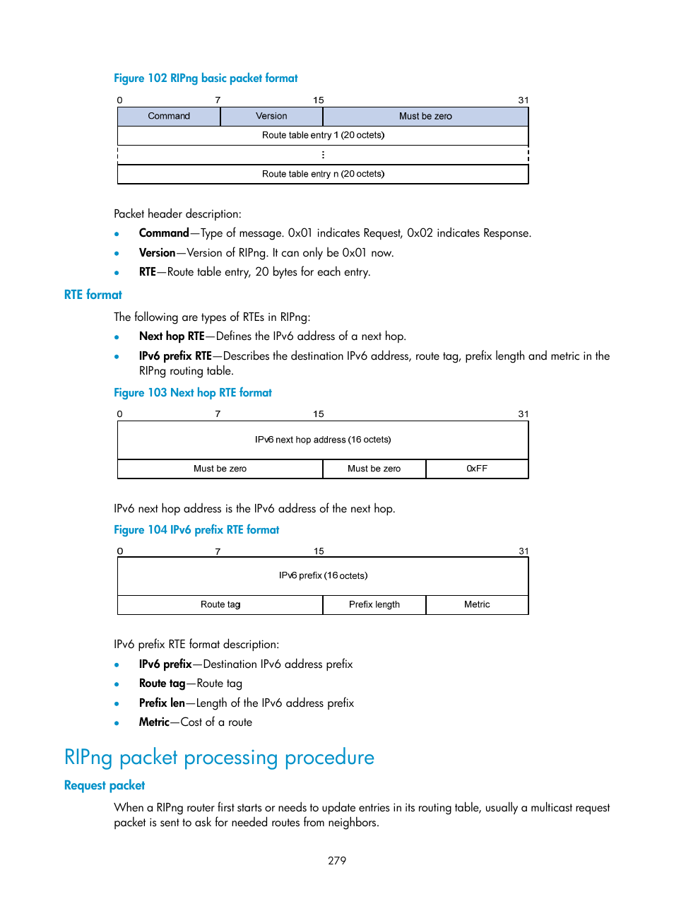 Rte format, Ripng packet processing procedure, Request packet | H3C Technologies H3C SR8800 User Manual | Page 295 / 431