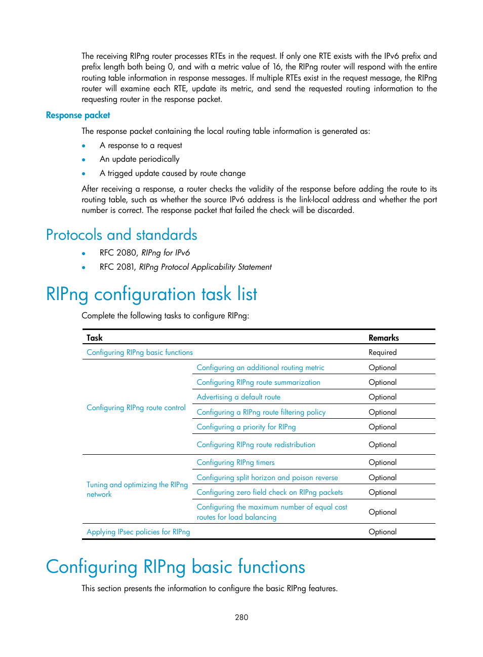 Response packet, Protocols and standards, Ripng configuration task list | Configuring ripng basic functions | H3C Technologies H3C SR8800 User Manual | Page 296 / 431